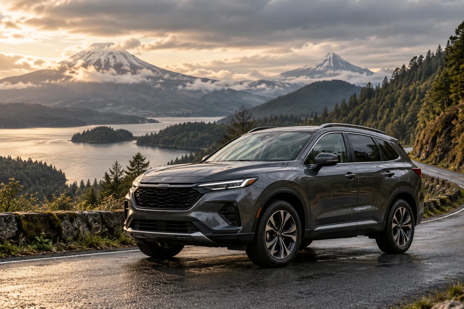 SUV en una ruta entre montañas y bosques del sur de Chile